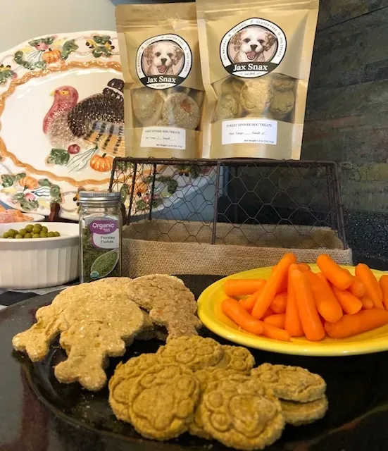 Turkey Dinner treats served with carrots and sweet potatoes